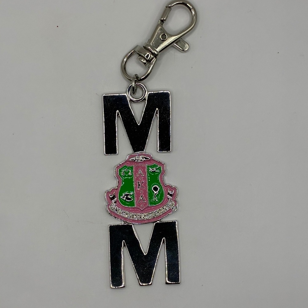 Alpha Kappa Alpha AKA Mom Keychain Silver Pink Green Enamel Sorority Crest